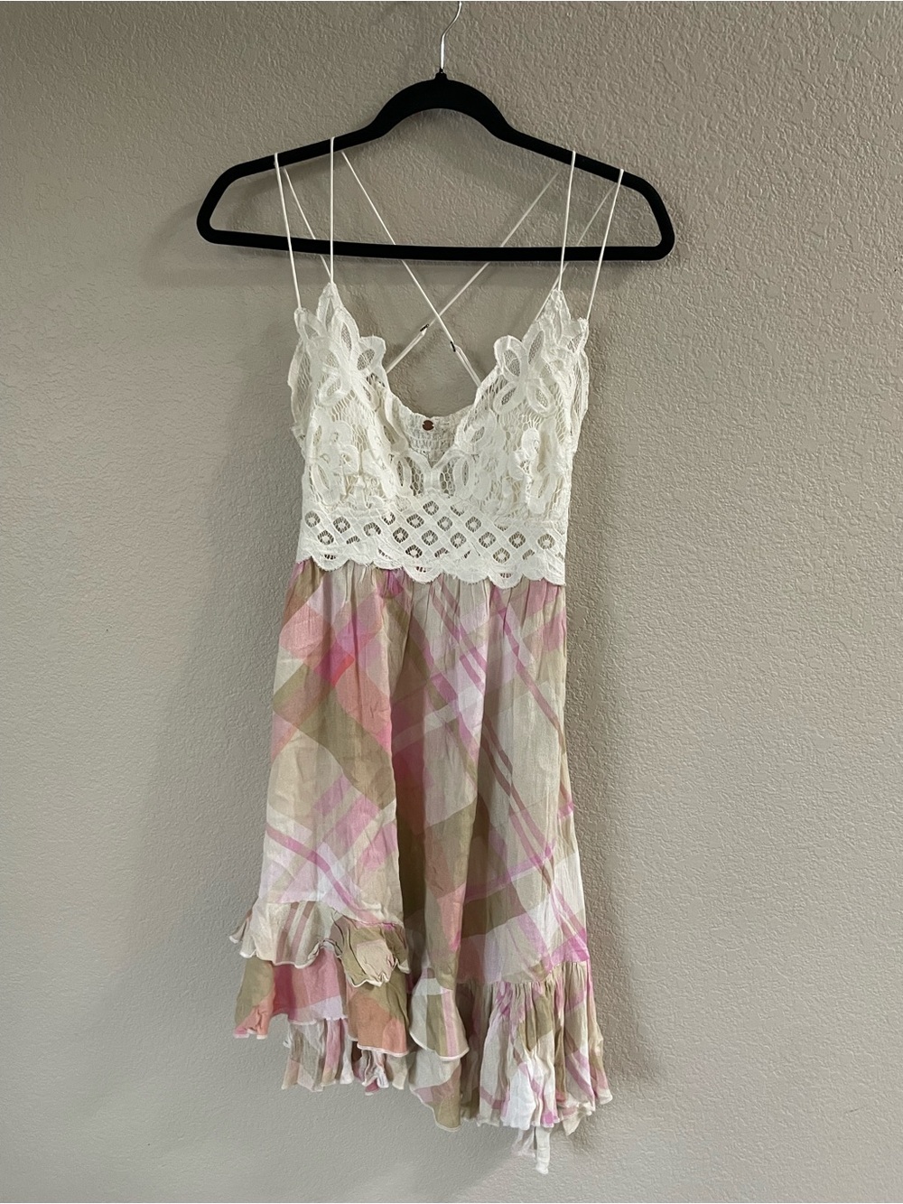 Free People FP one Adella Crochet Lace Plaid Mini Slip Dress Medium